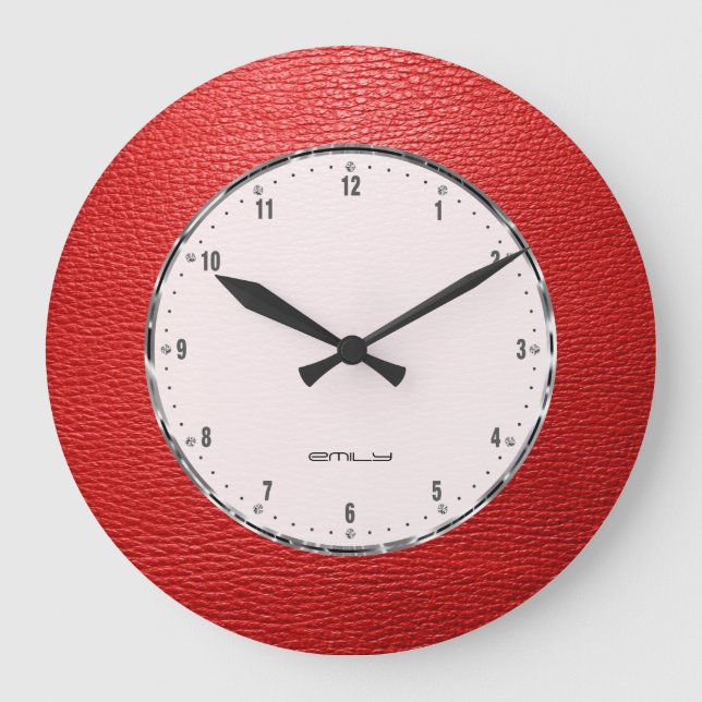Red Faux Leather Print Large Clock (Front)