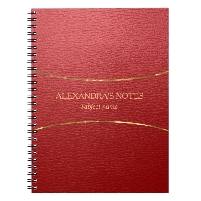 Red faux leather texture gold accent notebook (Front)