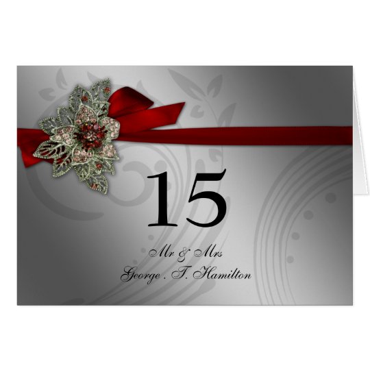 Red FAUX ribbon vintage brooch Wedding Card