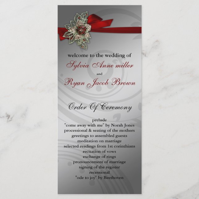 Red FAUX ribbon vintage brooch Wedding Program (Front)