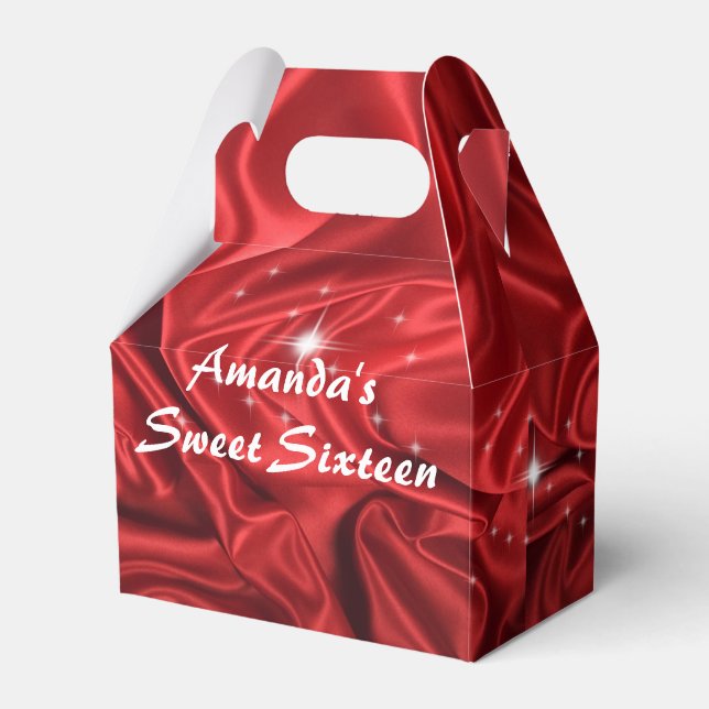 Red Faux Satin, Sweet Sixteen, Birthday Party Favor Box (Front Side)