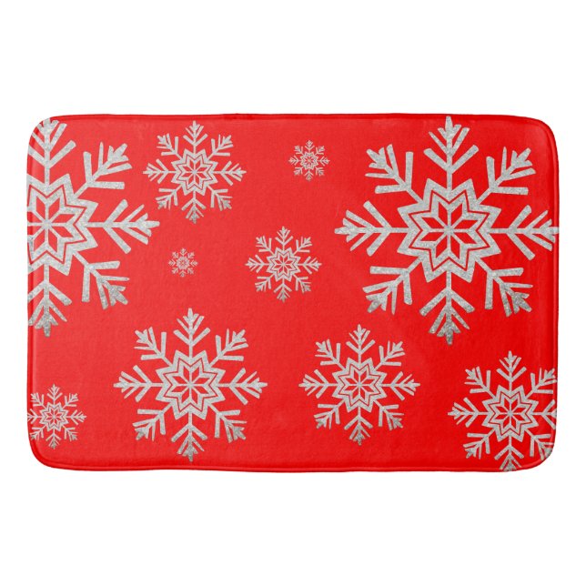 Red Faux Silver Glitter Snowflake Bath Mat (Front)