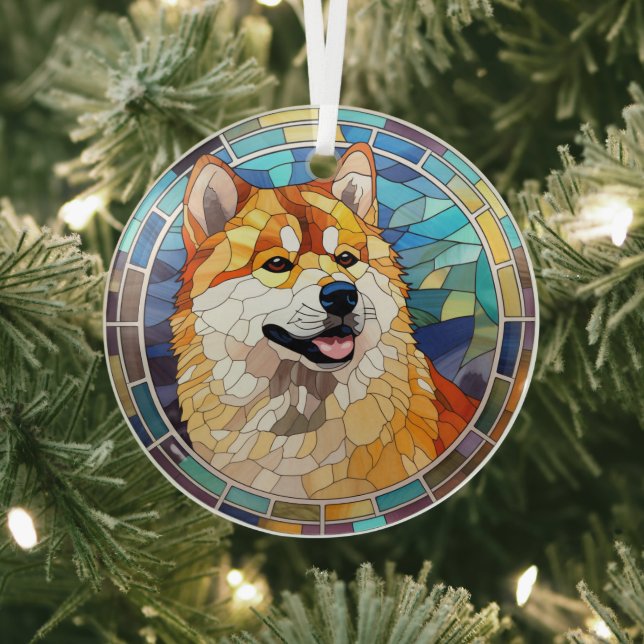 Red Fawn Shiba Inu Dog Stained Glass Ornament (Insitu)