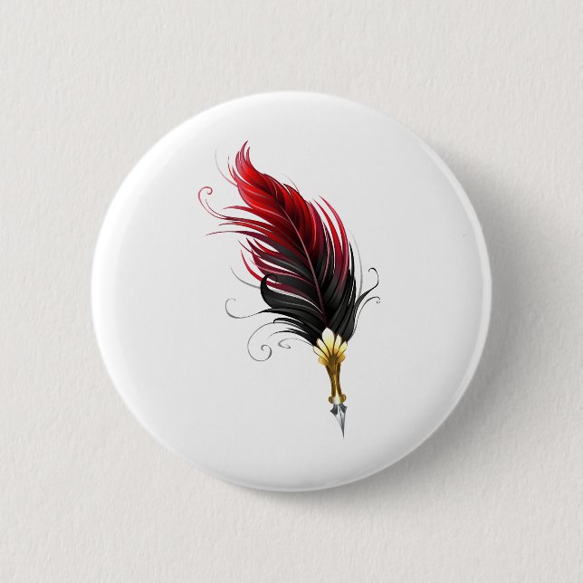 Red feather pen with gold nib 2 inch round button (Front)