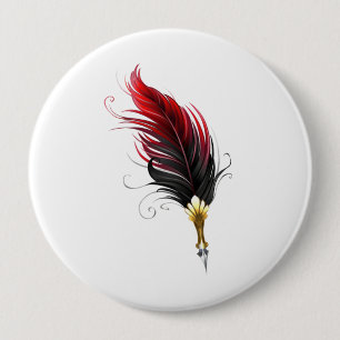 Red feather pen with gold nib 4 inch round button