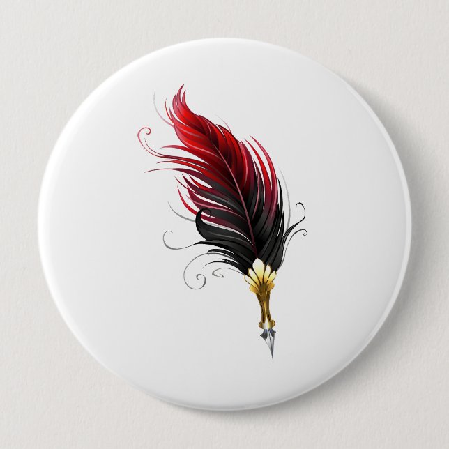 Red feather pen with gold nib 4 inch round button (Front)