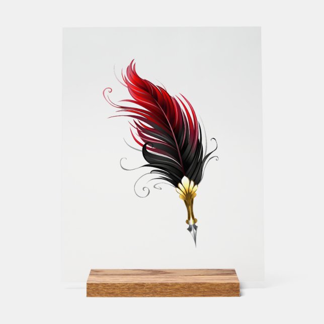 Red feather pen with gold nib acrylic sign (Front)