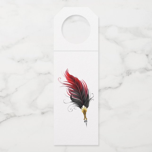 Red feather pen with gold nib bottle tag (Front)