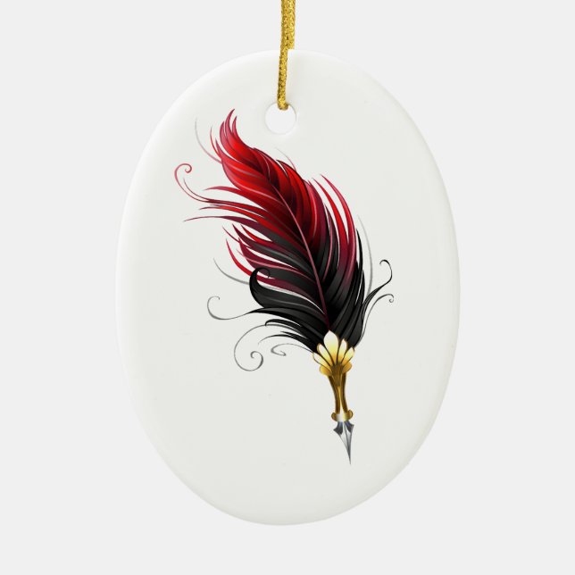 Red feather pen with gold nib ceramic ornament (Front)
