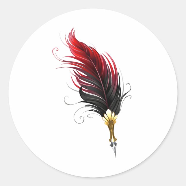 Red feather pen with gold nib classic round sticker (Front)