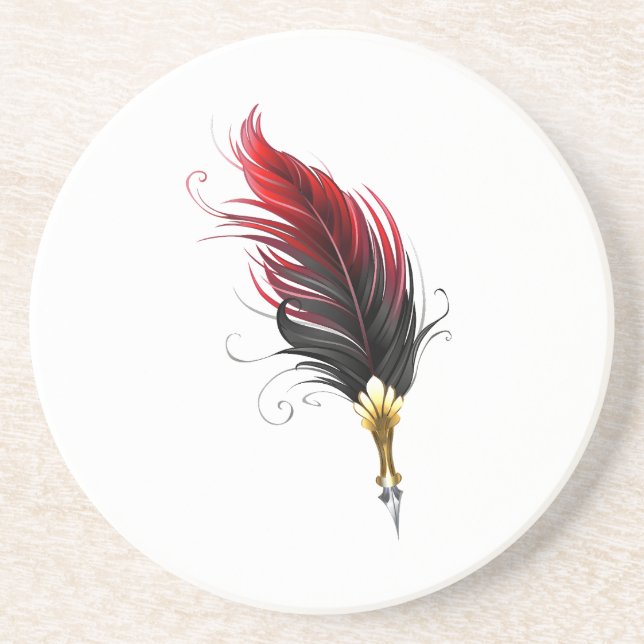 Red feather pen with gold nib coaster (Front)