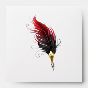 Red feather pen with gold nib envelope