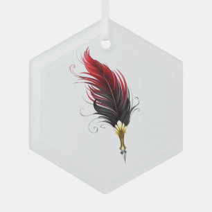 Red feather pen with gold nib glass ornament