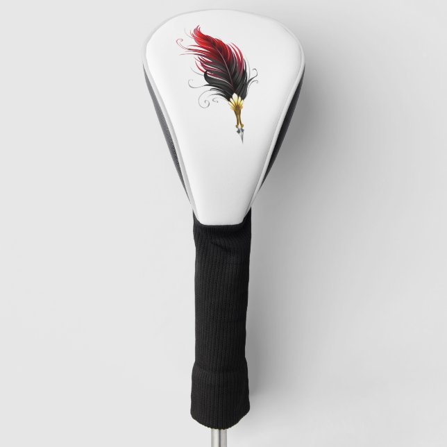 Red feather pen with gold nib golf head cover (Front)