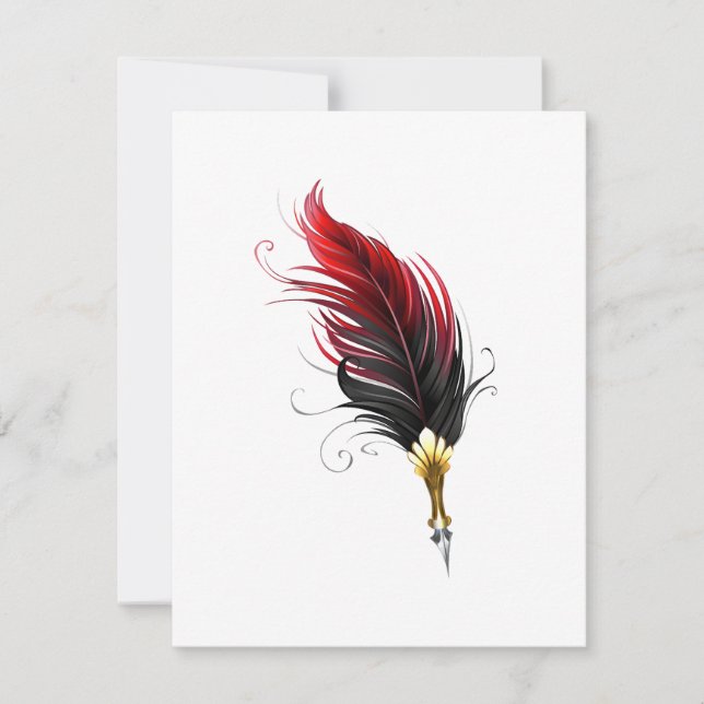 Red feather pen with gold nib invitation (Front)