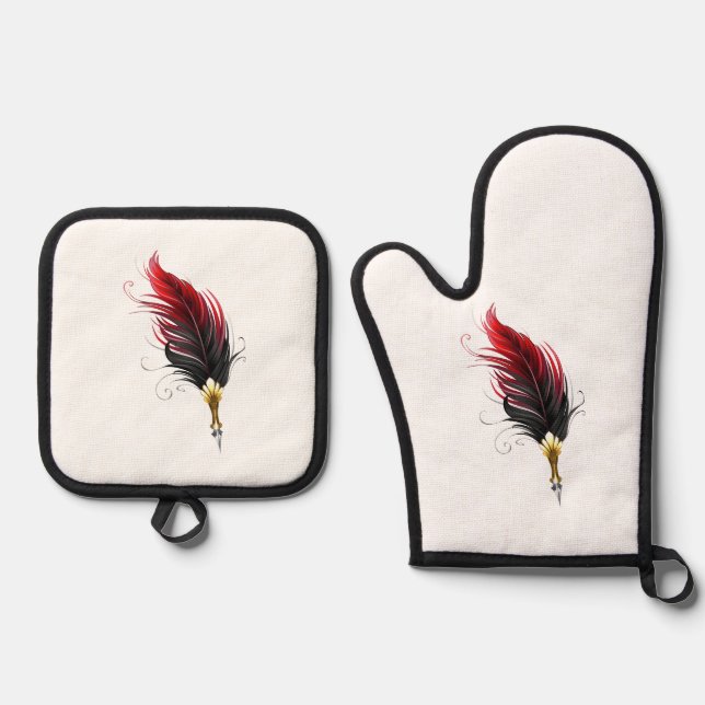 Red feather pen with gold nib oven mitt & pot holder set (Front)