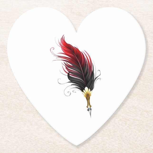 Red feather pen with gold nib paper coaster (Front)