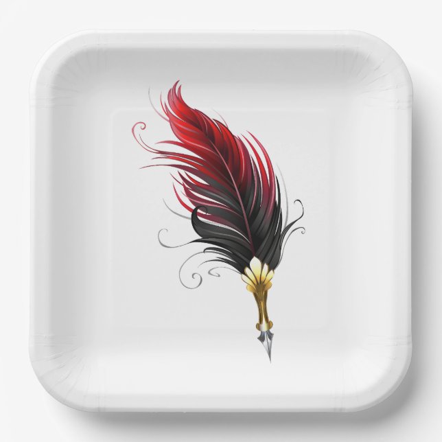 Red feather pen with gold nib paper plate (Front)