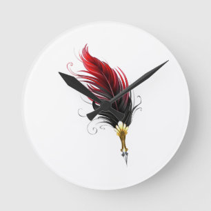 Red feather pen with gold nib round clock