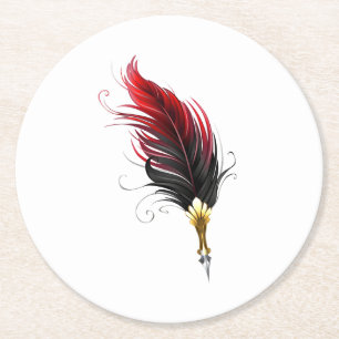 Red feather pen with gold nib round paper coaster