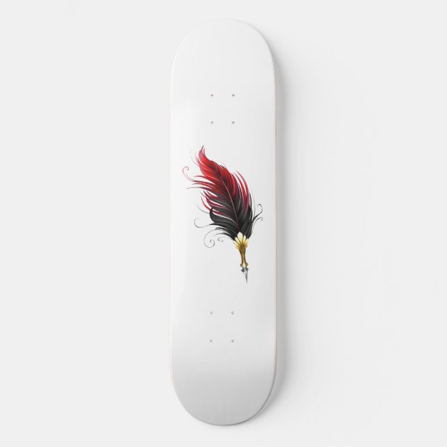 Red feather pen with gold nib skateboard (Front)