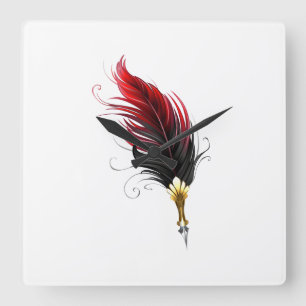 Red feather pen with gold nib square wall clock