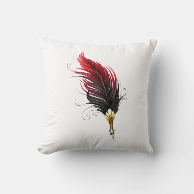 Red feather pen with gold nib throw pillow (Front)