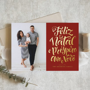 Red Feliz Natal Calligraphy Christmas Photo Foil Holiday Card