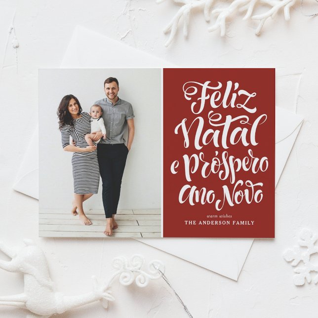 Red Feliz Natal Calligraphy Christmas Photo Holiday Card (Creator Uploaded)