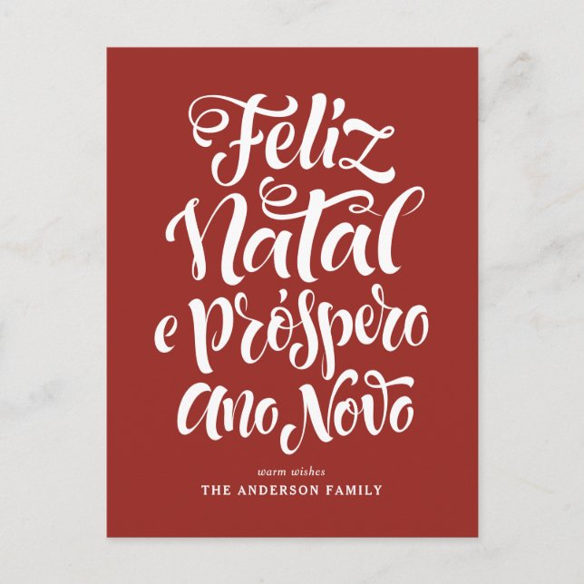 Red Feliz Natal e Próspero Ano Novo Script Holiday Postcard (Front)