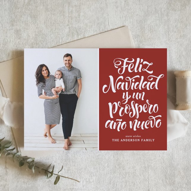 Red Feliz Navidad Script Christmas Photo Holiday Card (Creator Uploaded)
