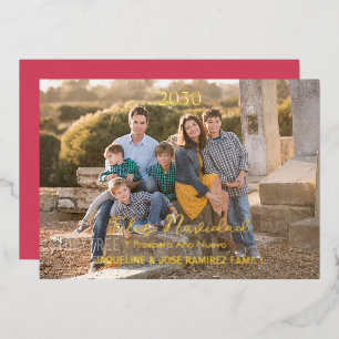 Red Feliz Navidad Spanish Family Photo Gold Foil Holiday Card