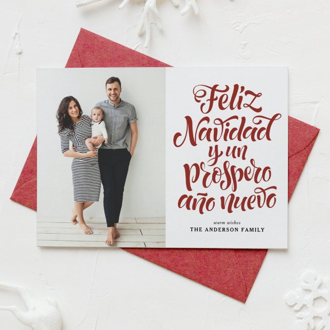 Red Feliz Navidad y un Próspero Año Script Photo Holiday Card (Creator Uploaded)