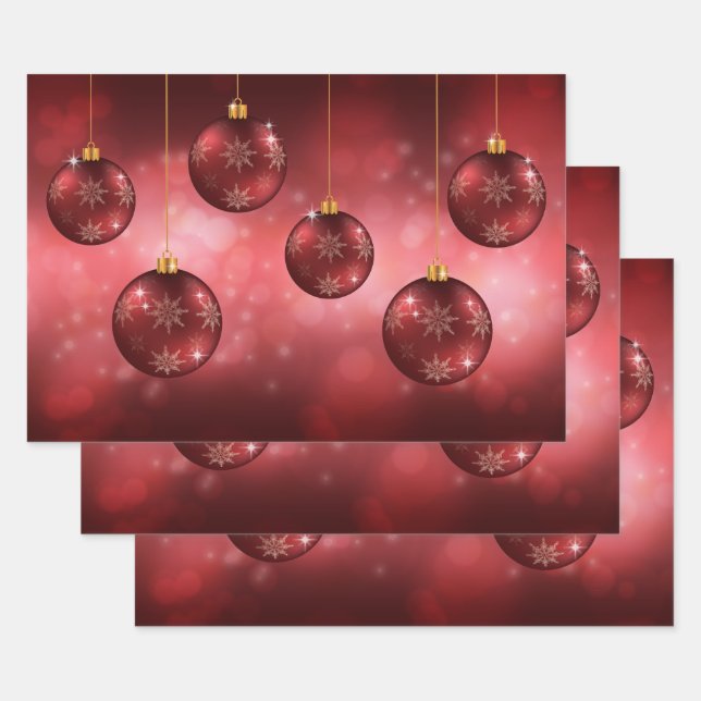 Red Festive Christmas Baubles On Red Bokeh Wrapping Paper Sheet (Set)
