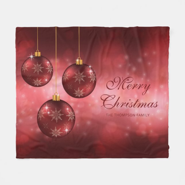 Red Festive Christmas Baubles With Custom Text Fleece Blanket (Front (Horizontal))
