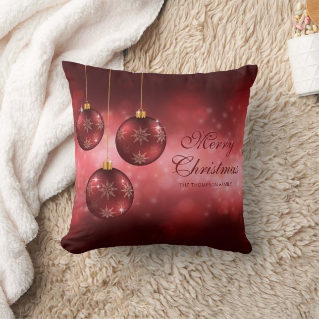 Red Festive Christmas Baubles With Custom Text Throw Pillow (Blanket)