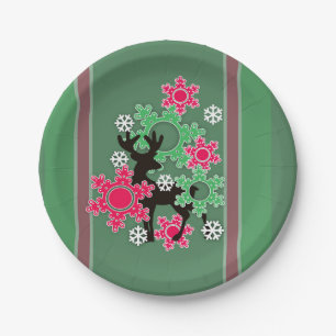 Red, festive, Christmas, Christmas deer, snowflake Paper Plate