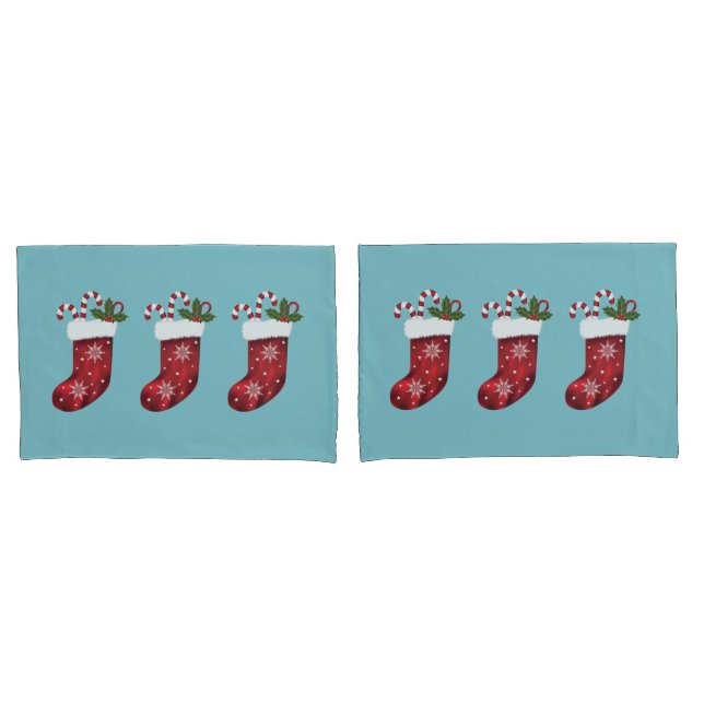 Red Festive Christmas Stockings On Blue Pillowcase (Front-Set)