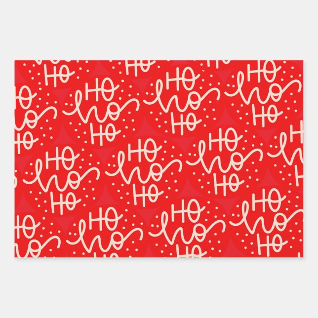 Red Festive Ho Ho Ho Christmas Holiday Wrapping Paper Sheet (Front)