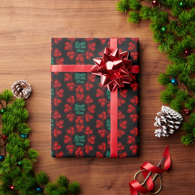 Red Festive Jingle Bells on Black Wrapping Paper (Holiday Gift)
