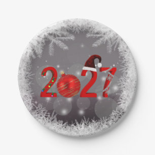 Red Festive Merry Christmas New Year 2027 Paper Plate