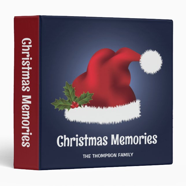 Red Festive Santa Hat On Blue - Christmas Memories Binder (Front/Spine)