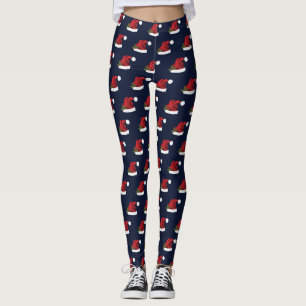 Red Festive Santa Hat On Blue Christmas Pattern Leggings