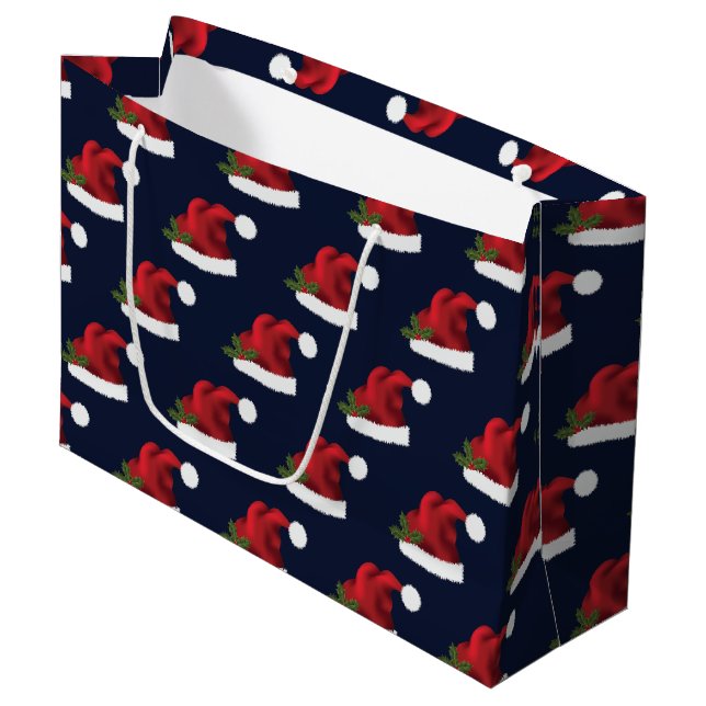 Red Festive Santa Hat On Blue Pattern Large Gift Bag (Front Angled)