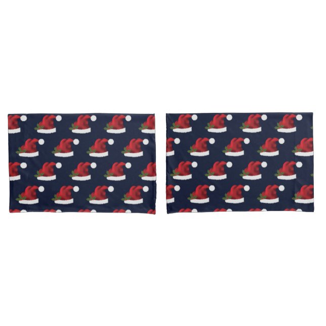 Red Festive Santa Hat On Blue Pattern Pillowcase (Front-Set)