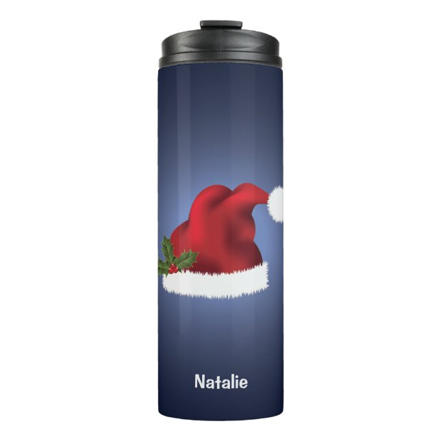 Red Festive Santa Hat On Blue With Custom Name Thermal Tumbler (Front)