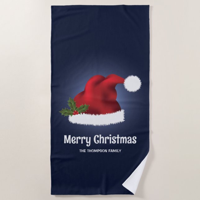Red Festive Santa Hat On Blue With Custom Text Beach Towel (Front)