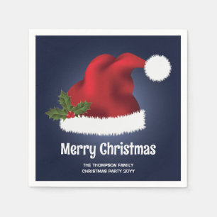 Red Festive Santa Hat On Blue With Custom Text Napkin