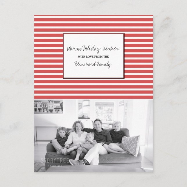 Red Festive Stripes Holiday Photo Postcard (Front)