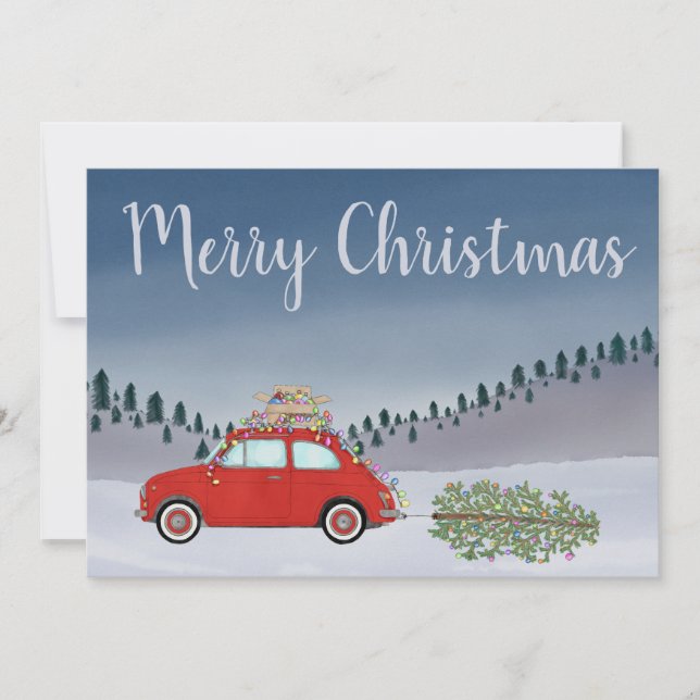 Red Fiat 500 with Christmas tree Merry Christmas Holiday Card (Front)